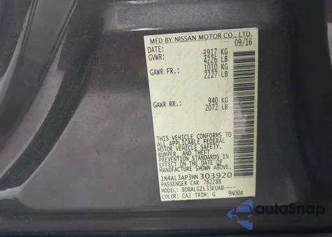 2017 Nissan Altima 2.5 Sl/2.5 Sr/2.5 Sv/2.5/2.5 S z USA, uszkodzony, nr VIN 1N4AL3AP3HN303920